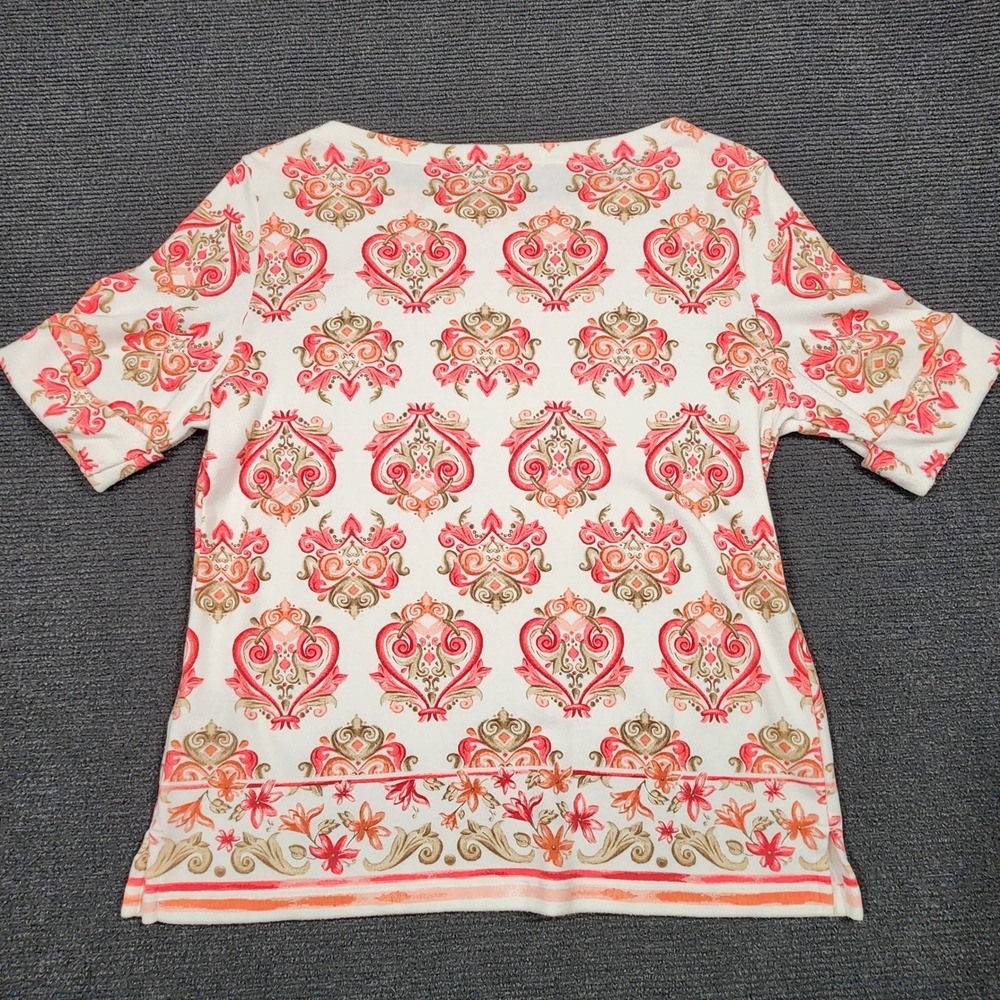 Karen Scott Top Womens Petite Medium PM White Pink Damask Short Sleeve Pullover - Picture 8 of 8